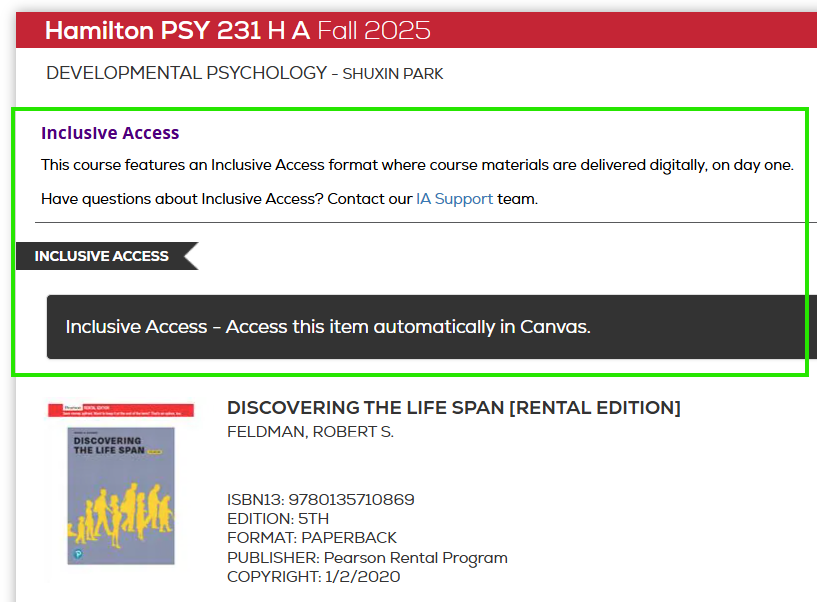Screenshot of what an inclusive access textbook will look like on the bookstore website. The screenshot displays the texts needed for PSY 231 and above the book Discovering the Life Span there is a black banner that says Inclusive Access indicating this text is part of the inclusive access program.